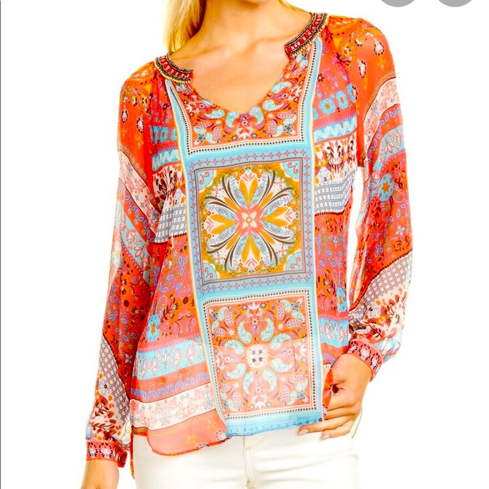 HALE BOB Silk Top with Beaded Neckline